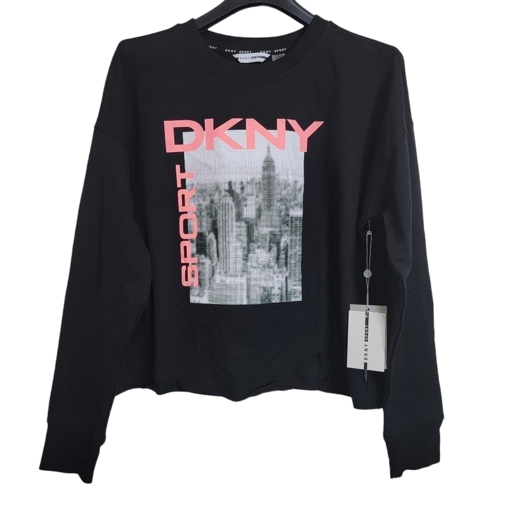 DKNY Black Neon Oversized Graphic Print Raw Hem Pullover Crew Neck Sweater XS